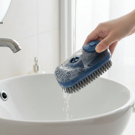 Soft bristle shoe cleaning brush with liquid dispenser