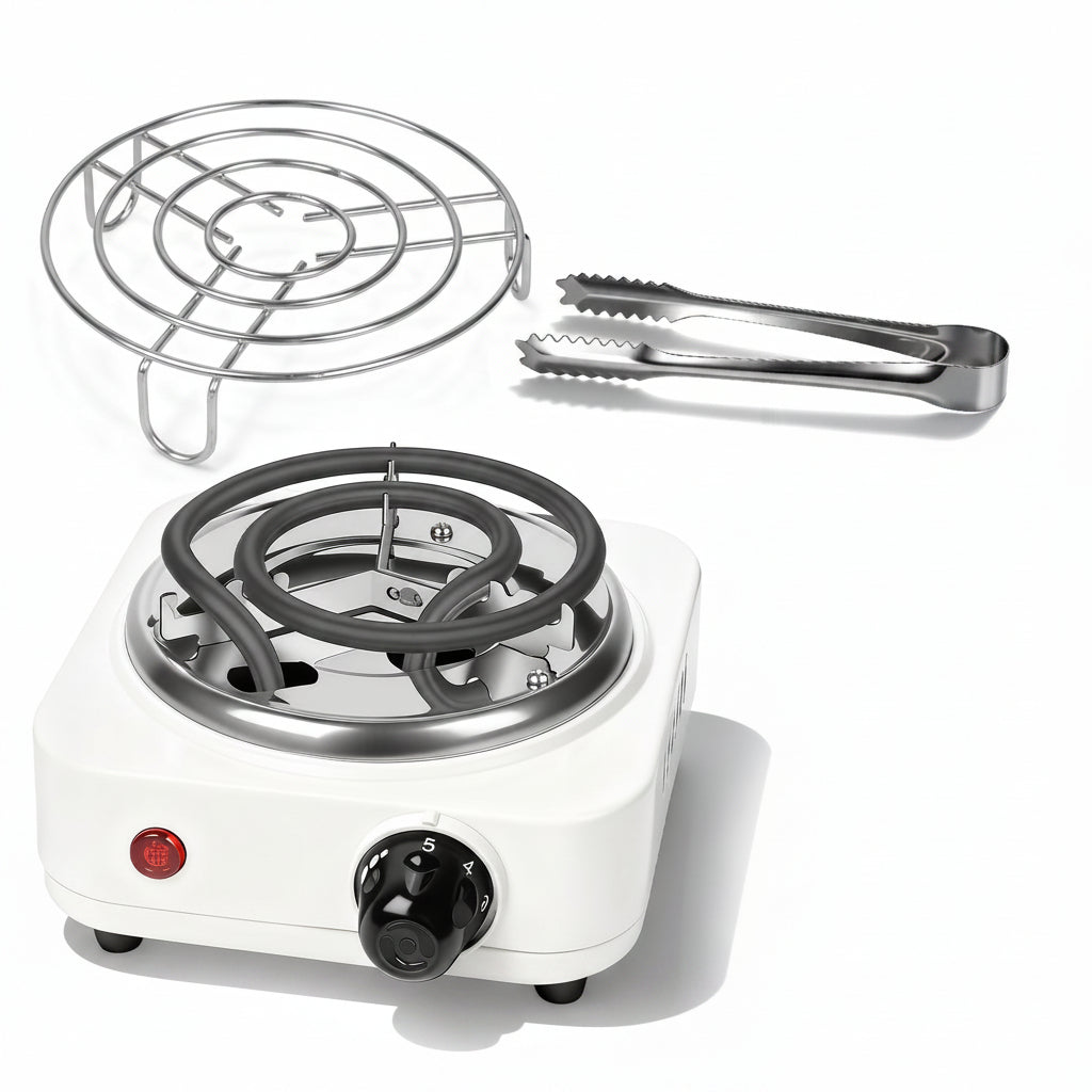 500W electric charcoal burner with adjustable heat control, tongs, and grill