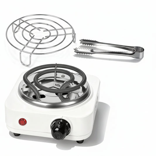 500W electric charcoal burner with adjustable heat control, tongs, and grill