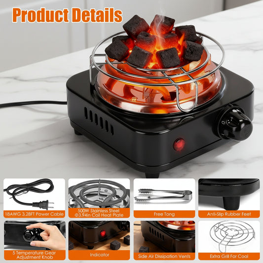 electric charcoal burner heating charcoal on a stainless steel grill